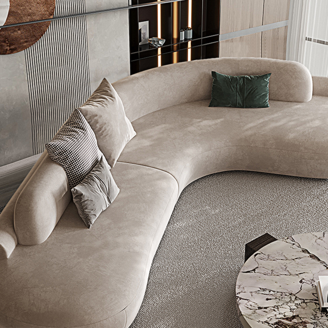 Cosima Grey Four Seater, Five Seater Curved Sofa, Long Sofa, Velvet in a lifestyle setting with curved sofa for bay window