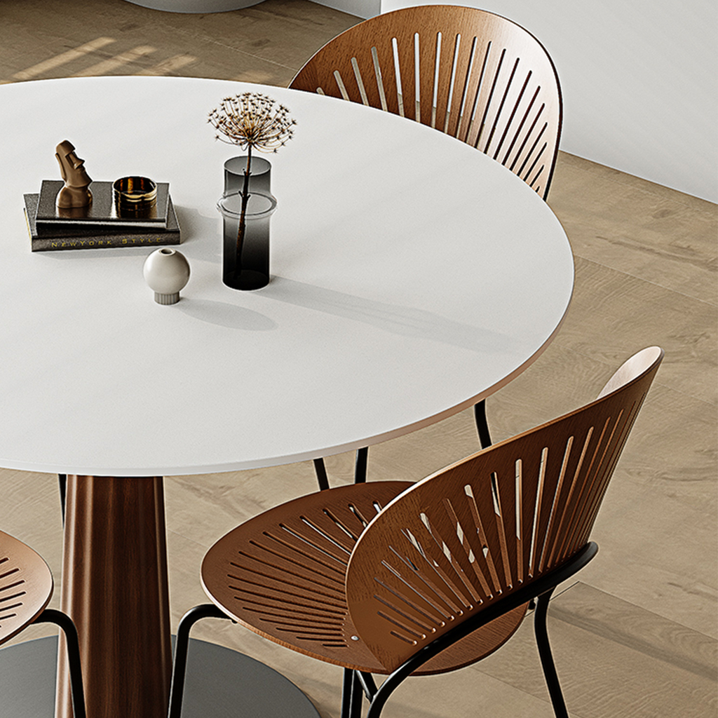 Detail view of Anderson Small Round Dining Table, Sintered Stone & Solid Wood with 8 seat round dining room table