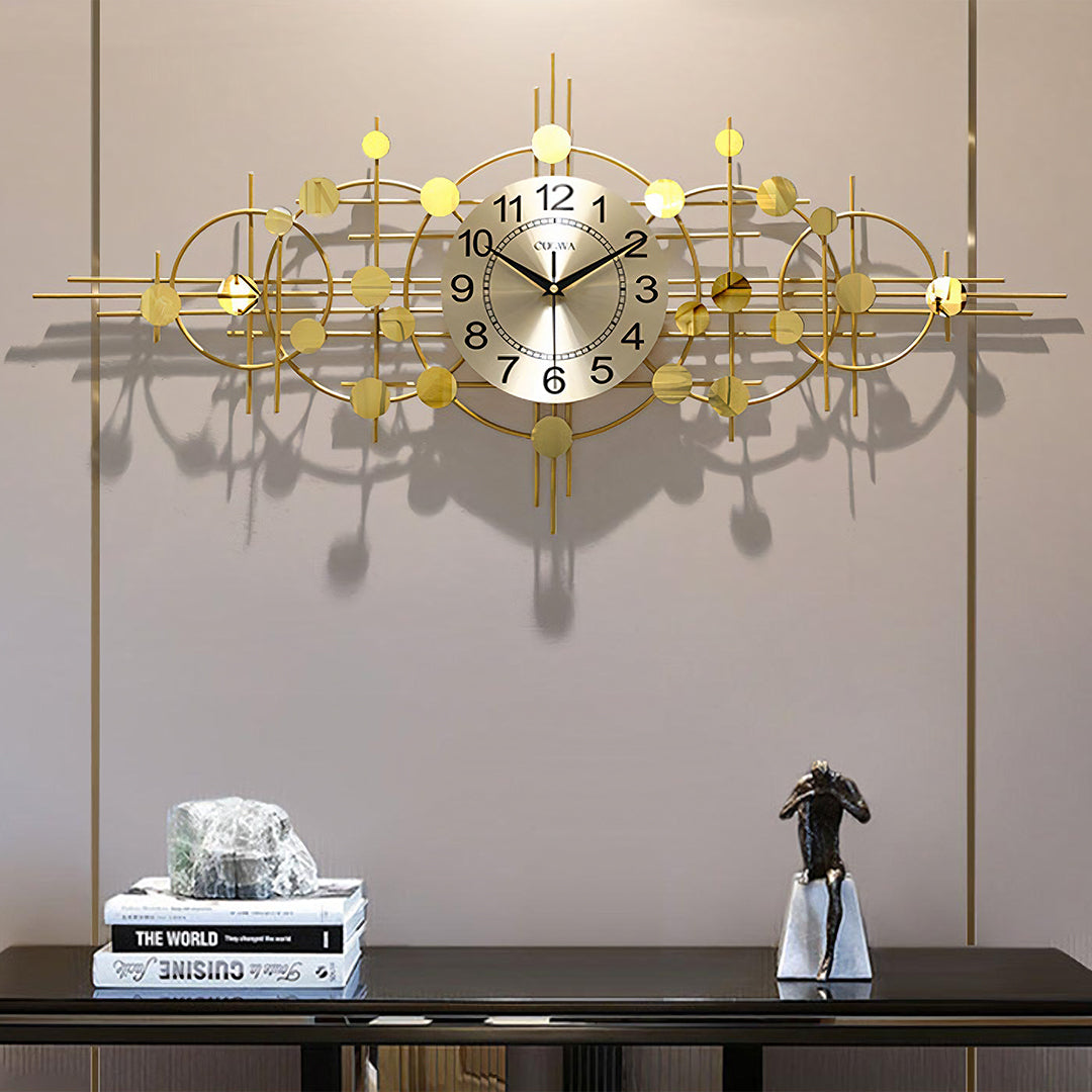 Cohen Art Deco Gold Wall Clock, Silent Clock, Horizontal Or Vertical with mango wood sideboard