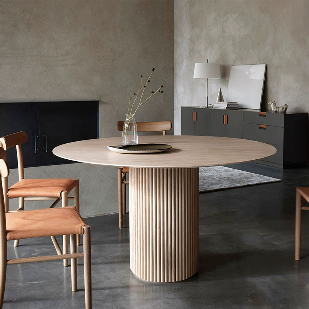 Ivar Round Dining Table, Oak Or Walnut with ceramic dining table