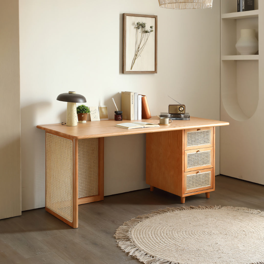 Anya Office Desk With Storage & Office Chair, Ash Wood & Rattan in a lifestyle setting with double office desk