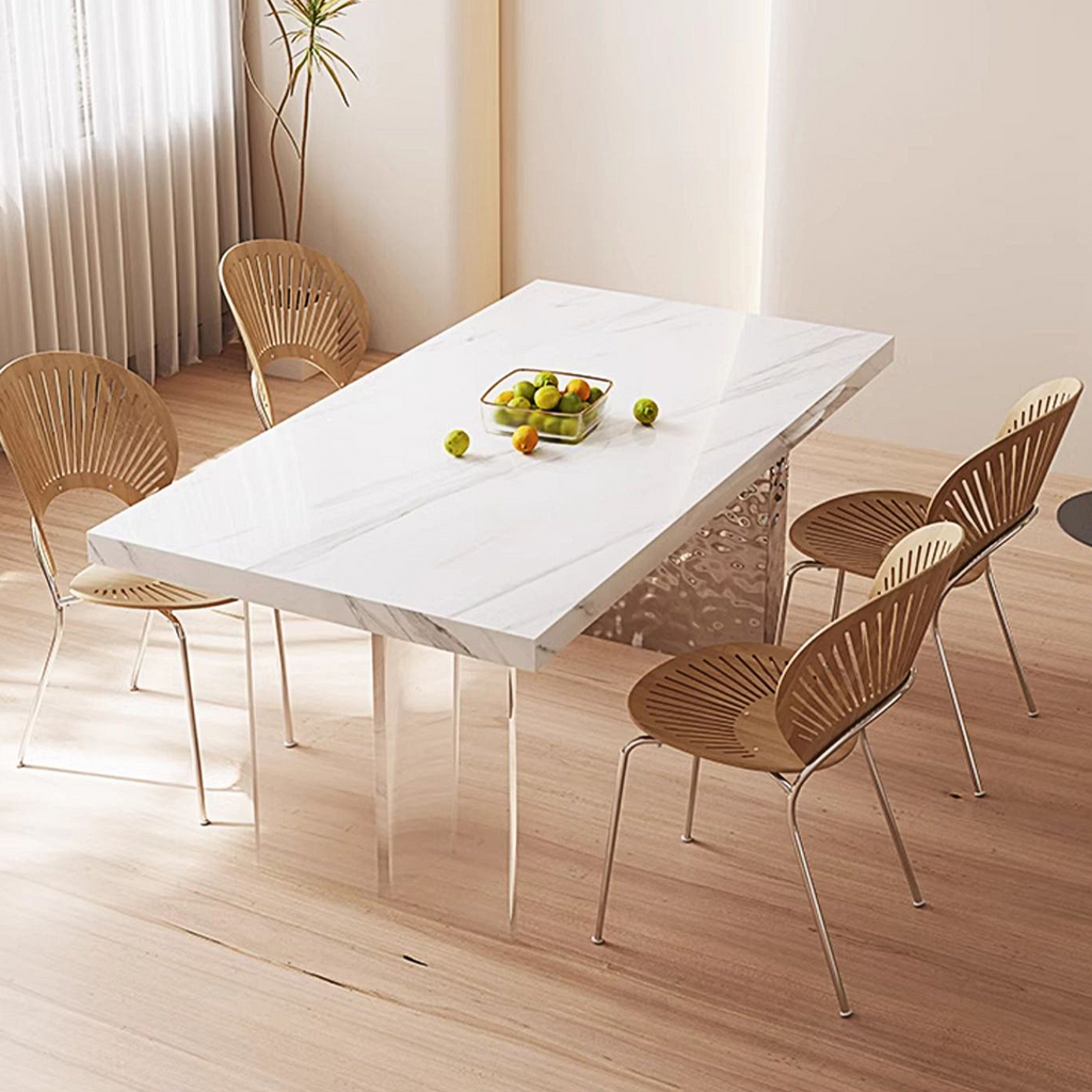 Madison Dining Table, White Sintered Stone & Acrylic, side view of white dining room table and chairs