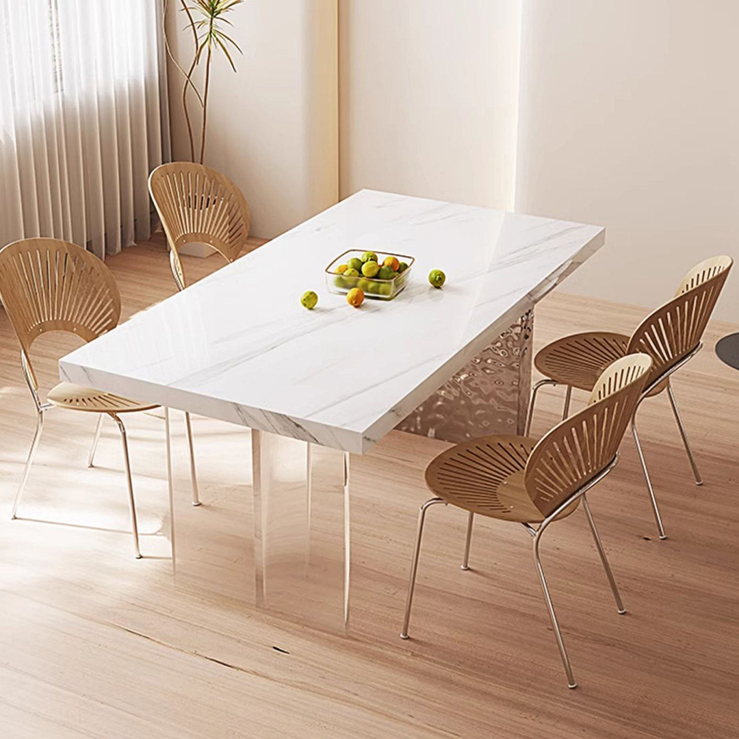 Madison Dining Table, White Sintered Stone & Acrylic, side view of white dining room table and chairs