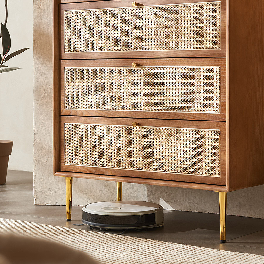 Maasai Tall Sideboard, Rattan & Solid Wood Cabinet in a lifestyle setting with small sideboard with drawers