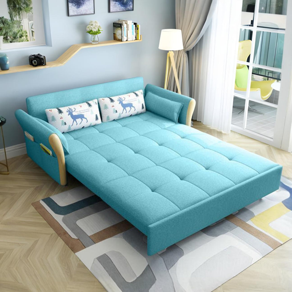 Two Seater Sofa Bed, Blue in a lifestyle setting with corner sofa beds