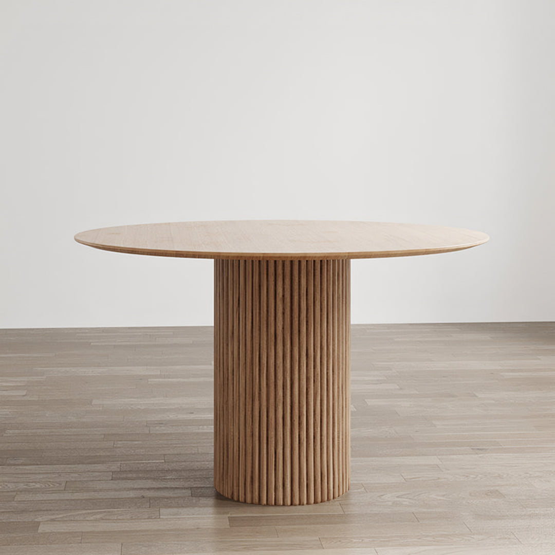 Detail view of Ivar Round Dining Table, Oak Or Walnut with square dining table