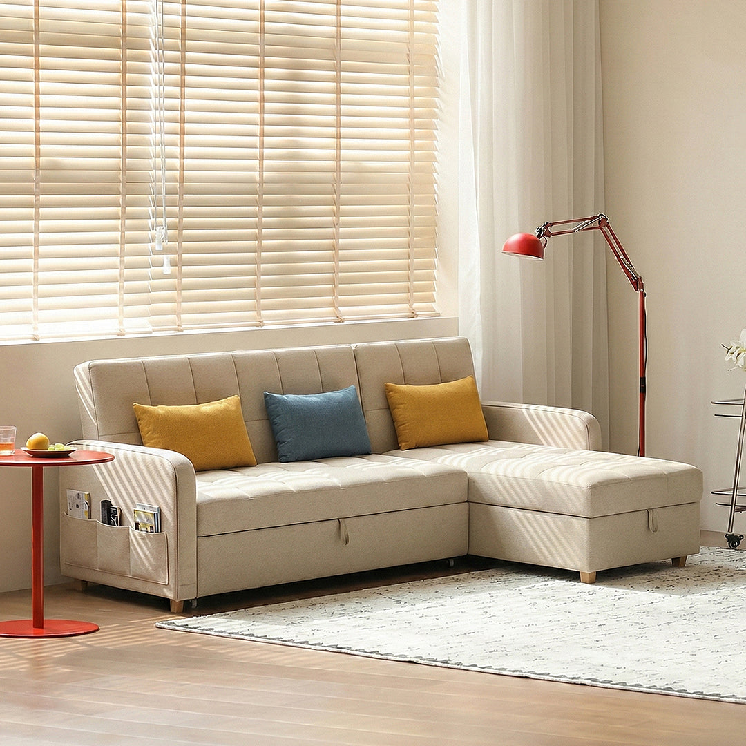 Three Seater Sofa Bed, L Shape Sofa Bed With Storage, Linen - leather corner sofa bed
