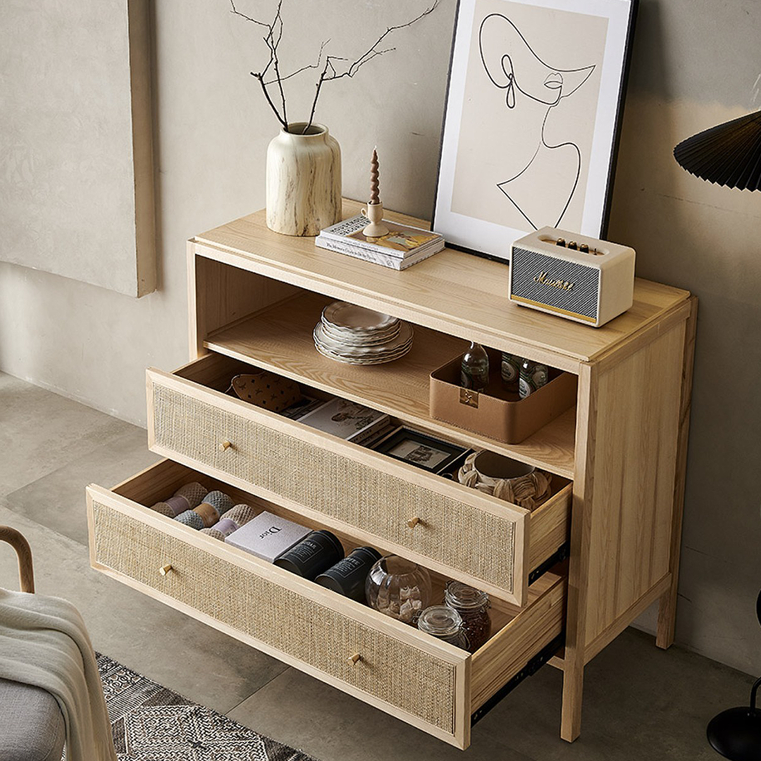 San Vintage Sideboard, Rattan & Solid Wood, Oak with sideboard wood cabinet