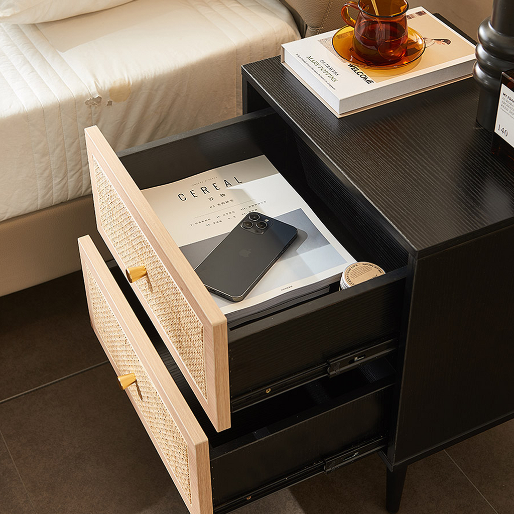 Tsaatan Wood Bedside Table, Rattan, Black-Weilai Concept-Weilai Concept