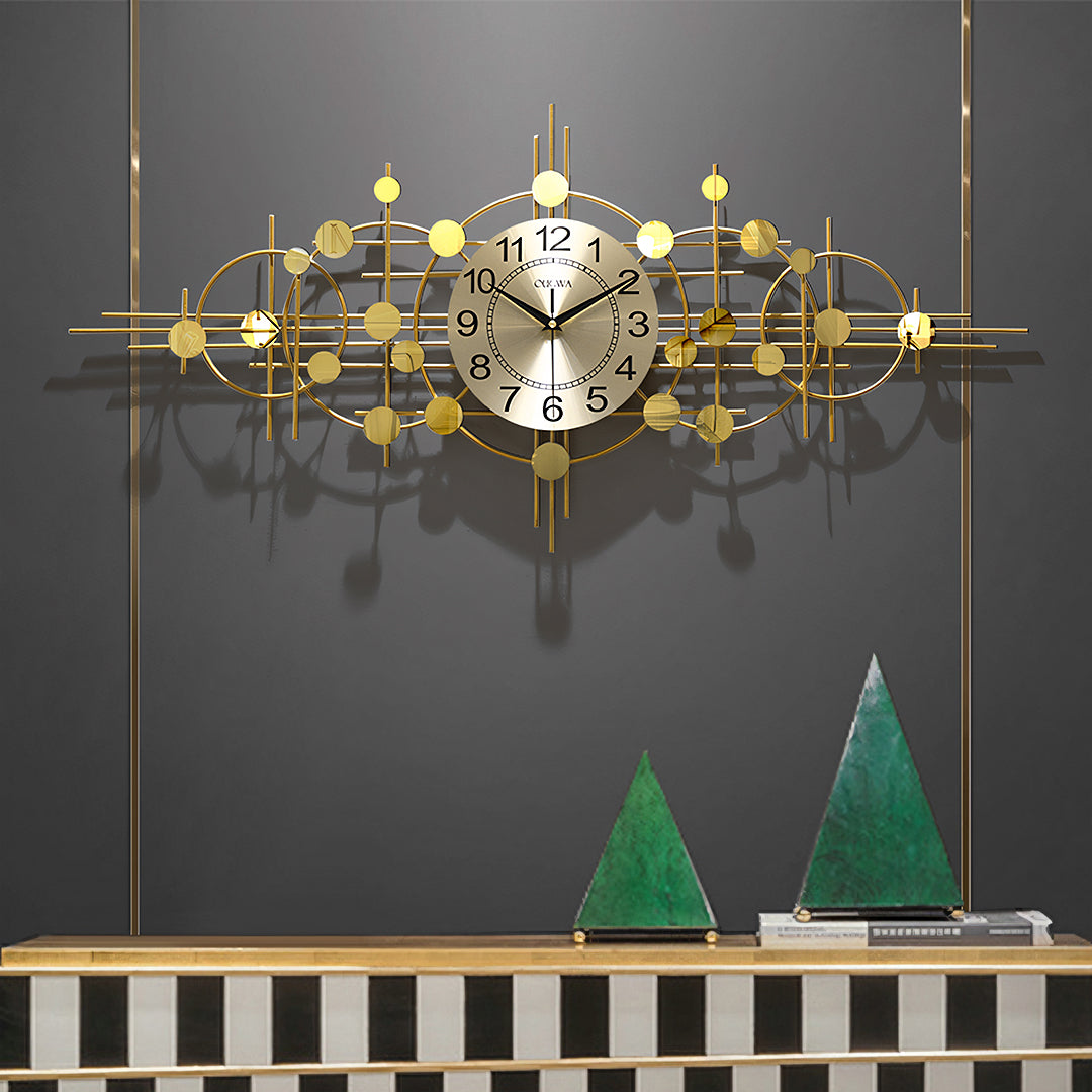Cohen Art Deco Gold Wall Clock, Silent Clock, Horizontal Or Vertical in a lifestyle setting with sideboard living room