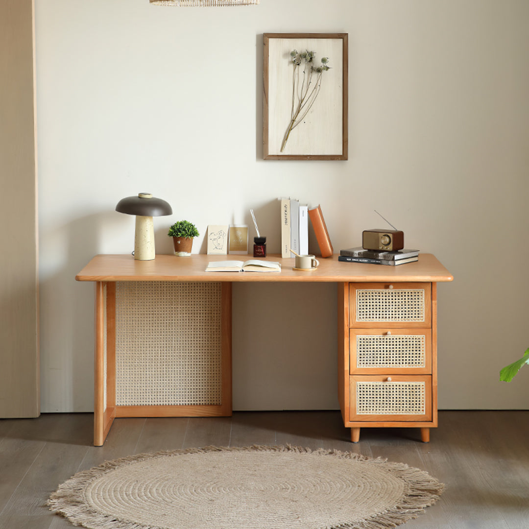 Anya Office Desk With Storage & Office Chair, Ash Wood & Rattan with gray office desk