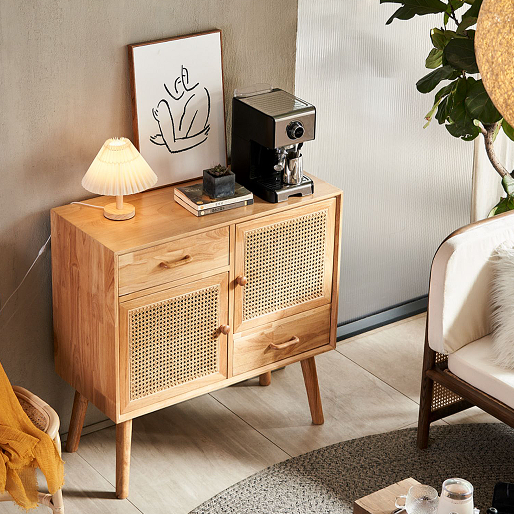 Madeline Rattan Sideboard, Small with oak sideboard next