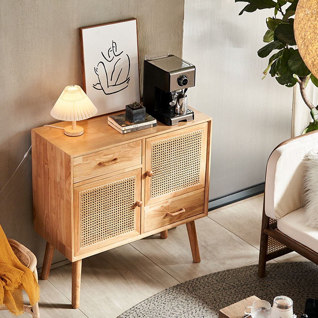 Madeline Rattan Sideboard, Small with oak sideboard next
