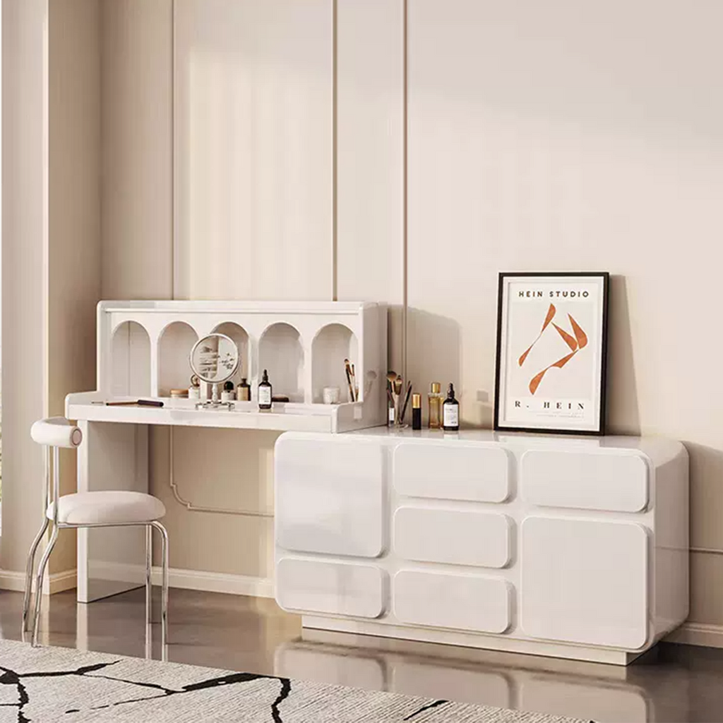 Detail view of Qwincy Dressing Table With Sideboard, Black, Cream with wood sideboard cabinet