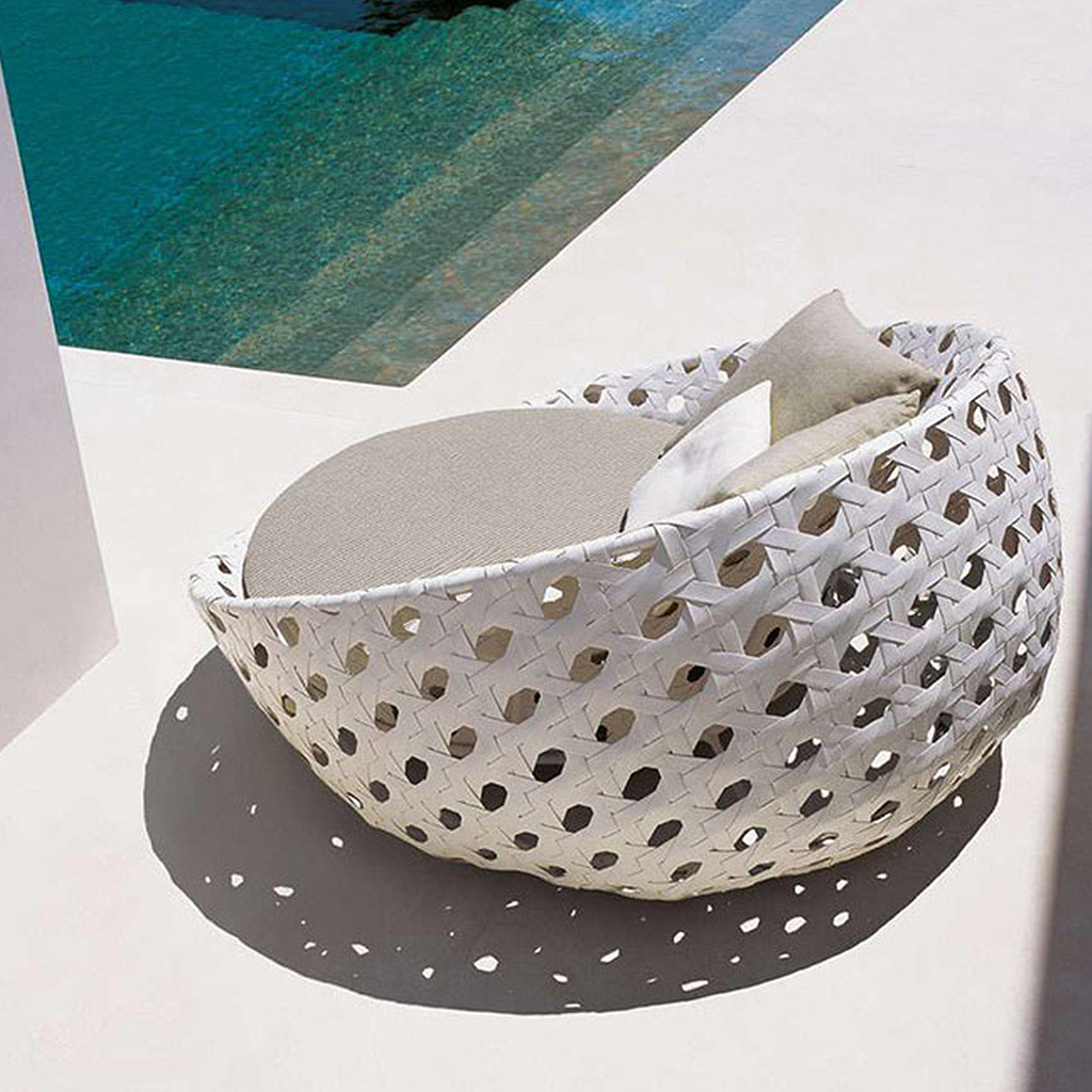 Detail view of Elysia Rattan Round Outdoor Daybed with sofa and pull out bed