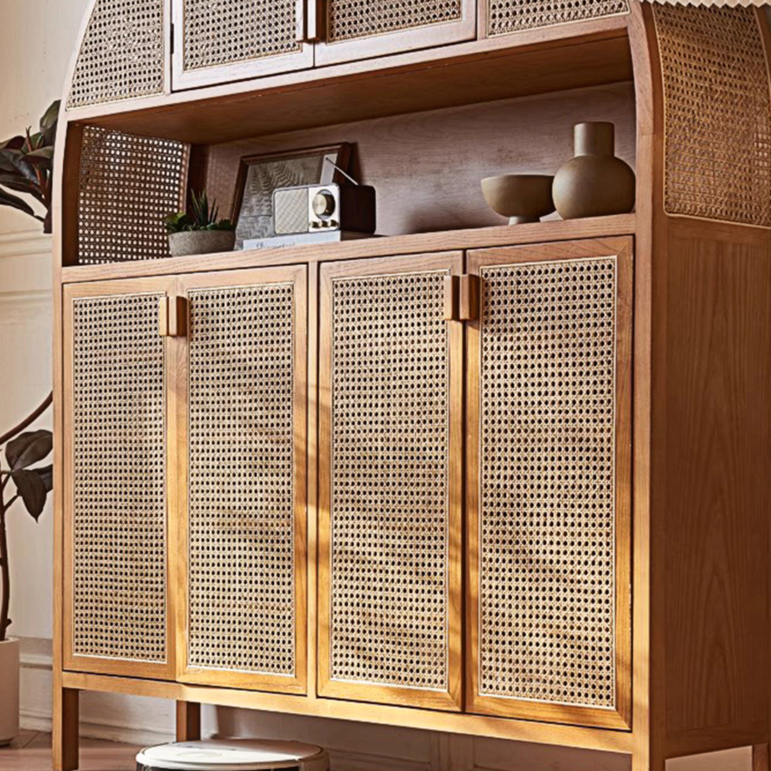 Eisha Rattan Shoe Storage, Cupboard, Solid Wood with sideboard with bookshelves