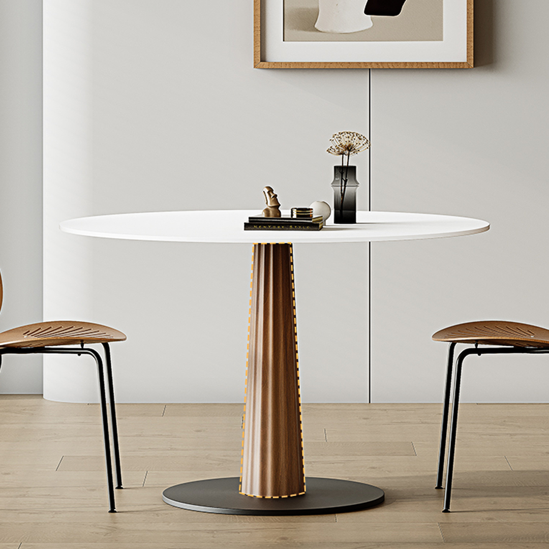 Anderson Small Round Dining Table, Sintered Stone & Solid Wood in a lifestyle setting with 8 seater dining table & chairs