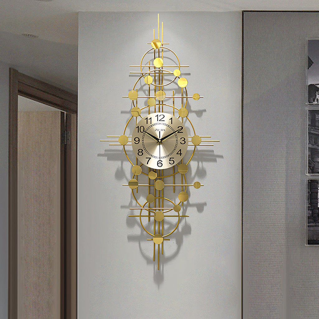 Cohen Art Deco Gold Wall Clock, Silent Clock, Horizontal Or Vertical, side view of mid century sideboard