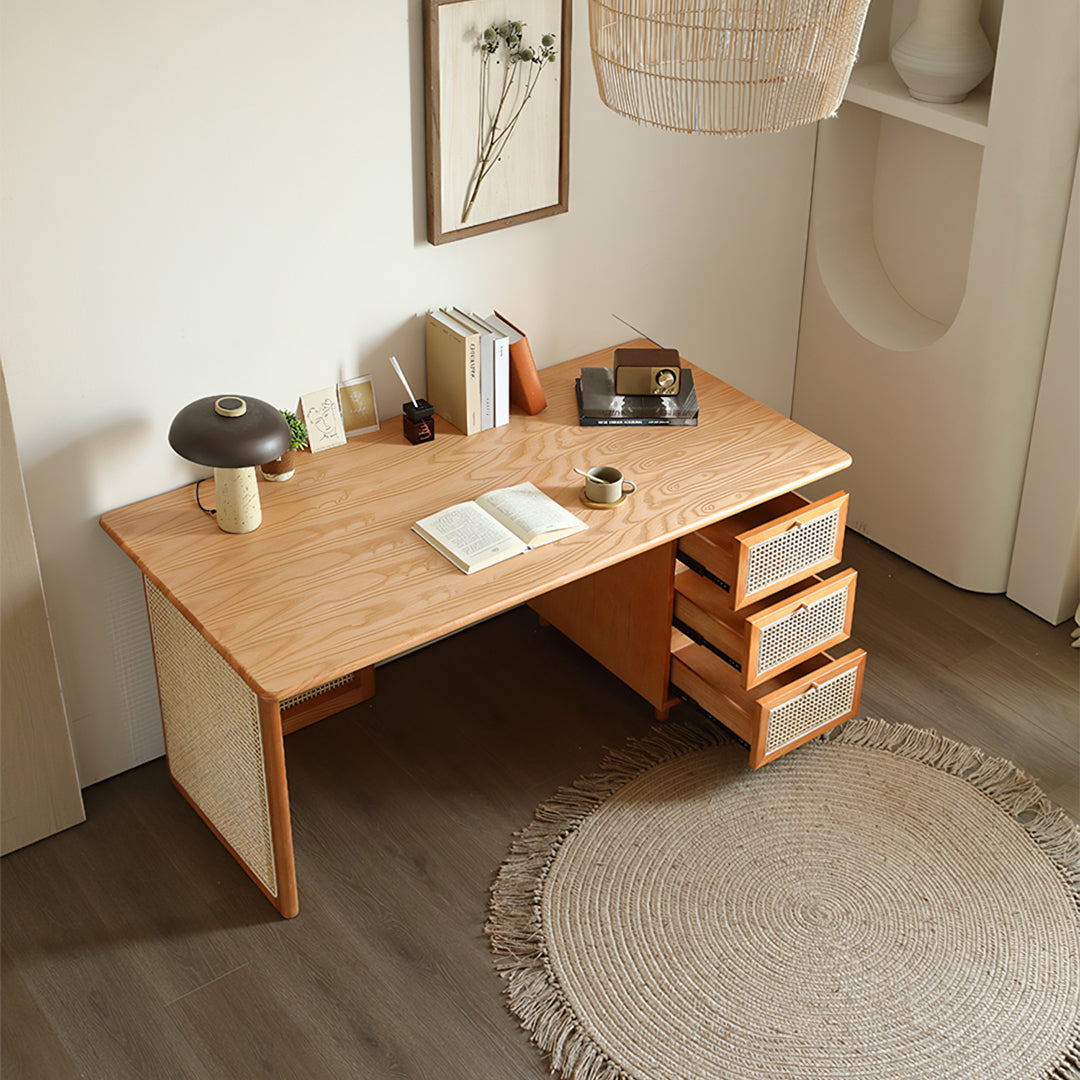 Anya Office Desk With Storage & Office Chair, Ash Wood & Rattan with home office chair and desk