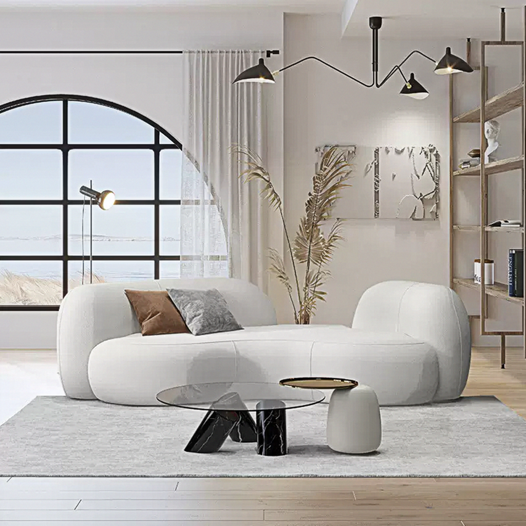 Elara Modern Curved Two Seater, Three Seater Sofa, Boucle with grey curved sofa