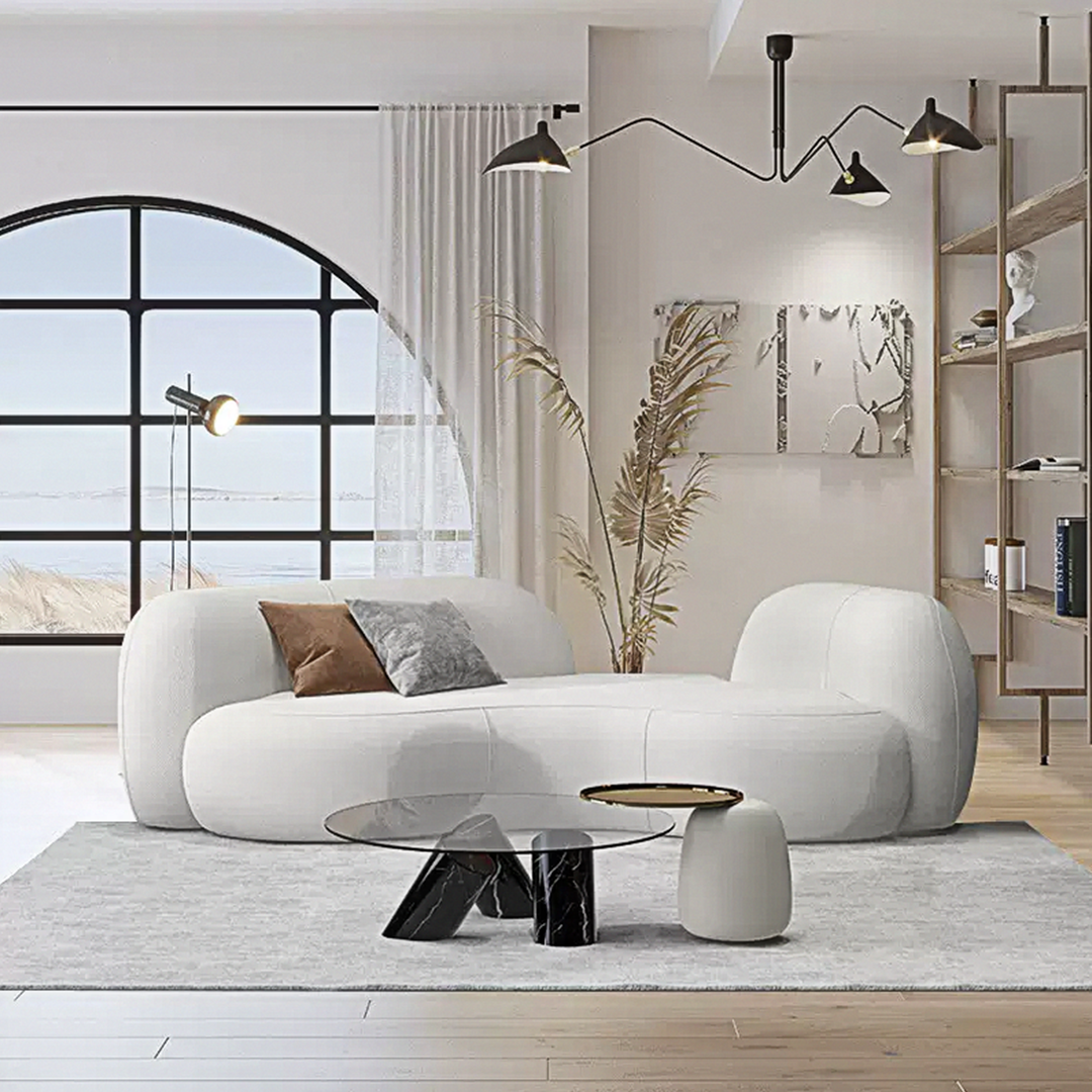 Elara Modern Curved Two Seater, Three Seater Sofa, Boucle with grey curved sofa