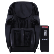 Black massage chair with control panel on a white background
