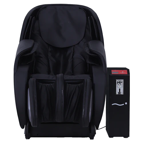 Black massage chair with control panel on a white background