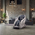 Massage chair in a modern living room with brick walls and decor.