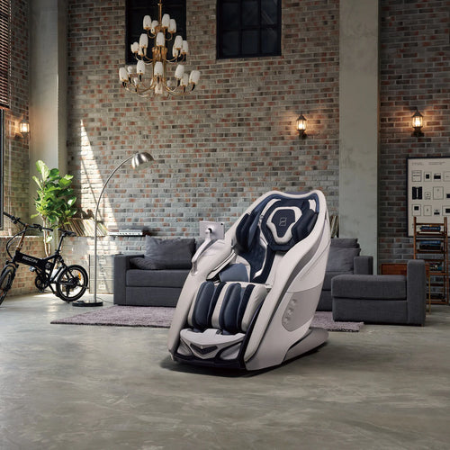 Massage chair in a modern living room with brick walls and decor.
