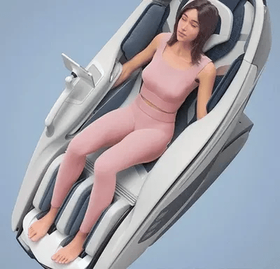Woman using a massage chair against a light blue background
