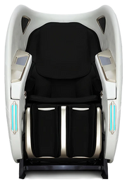 Black massage chair with silver and white accents on a white background