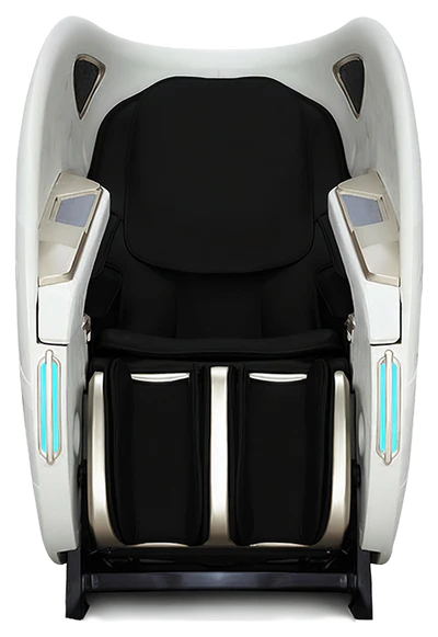 Black massage chair with silver and white accents on a white background