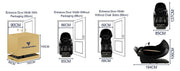 Measurement chart for VCOMFORT massage chairs showing entrance door width with and without packaging.