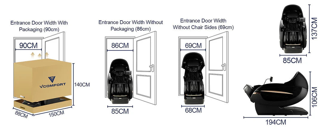 Measurement chart for VCOMFORT massage chairs showing entrance door width with and without packaging.