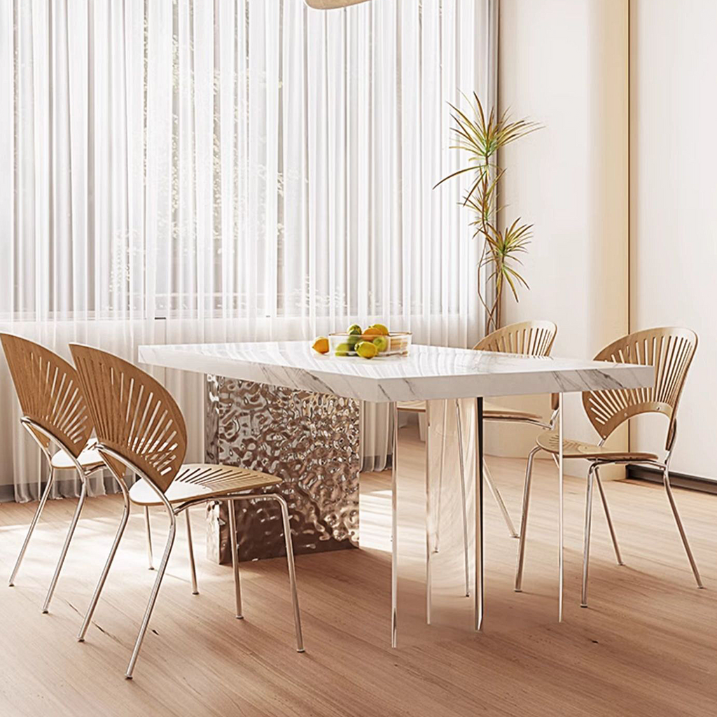 Madison Dining Table, White Sintered Stone & Acrylic with wood dining tables