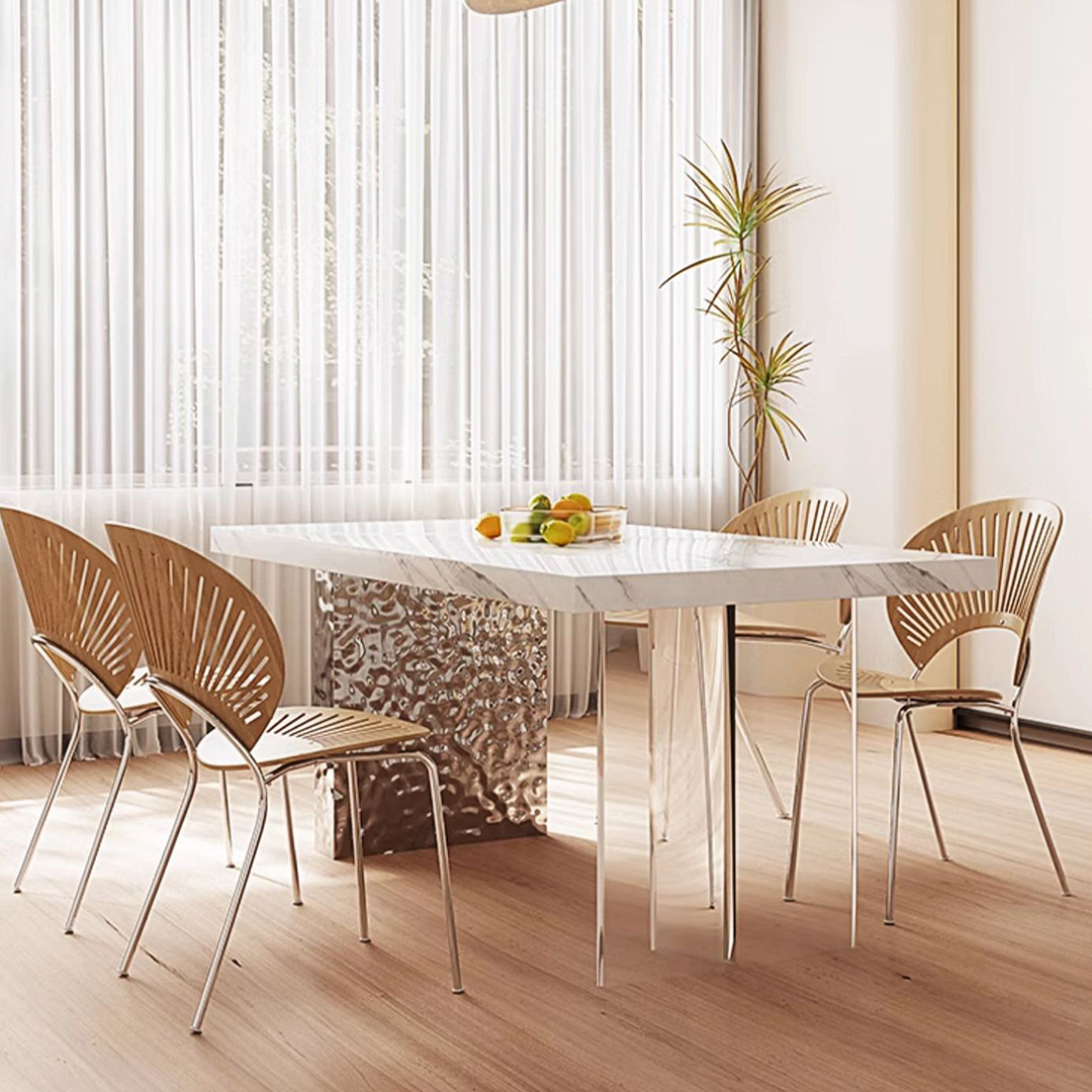 Madison Dining Table, White Sintered Stone & Acrylic with wood dining tables
