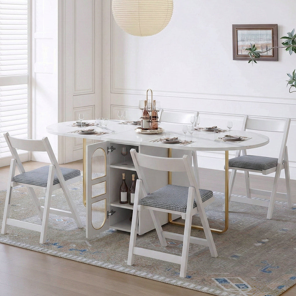 Weilai Concept Signature Folding Dining Table, White, Oval, side view of folding dining table and chairs