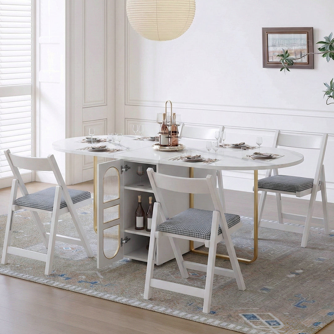 Weilai Concept Signature Folding Dining Table, White, Oval, side view of folding dining table and chairs