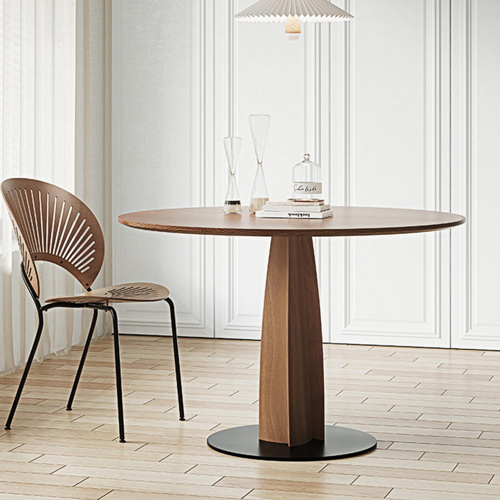 Seraphina Round Dining Table, Solid Wood with black glass dining table