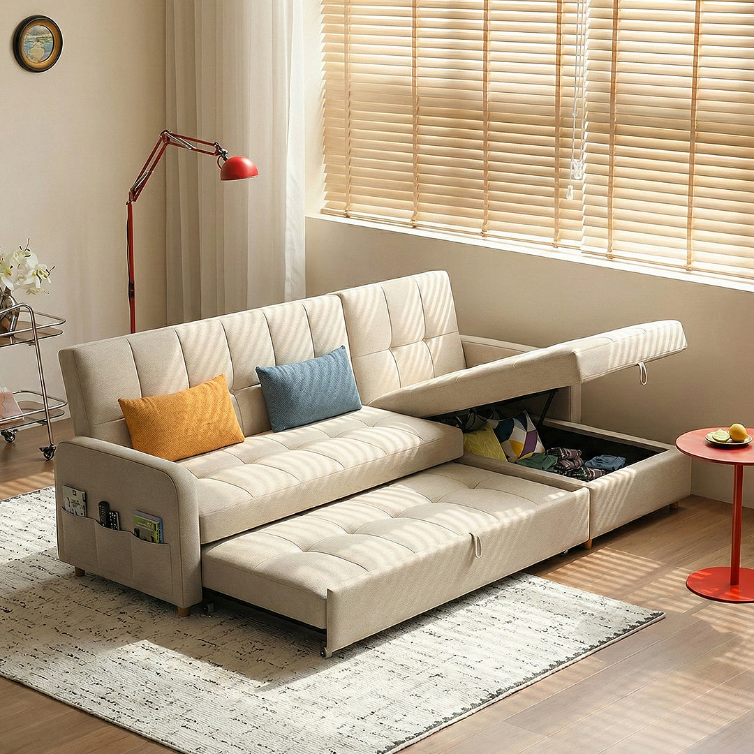 Three Seater Sofa Bed, L Shape Sofa Bed With Storage, Linen, side view of leather sofa beds