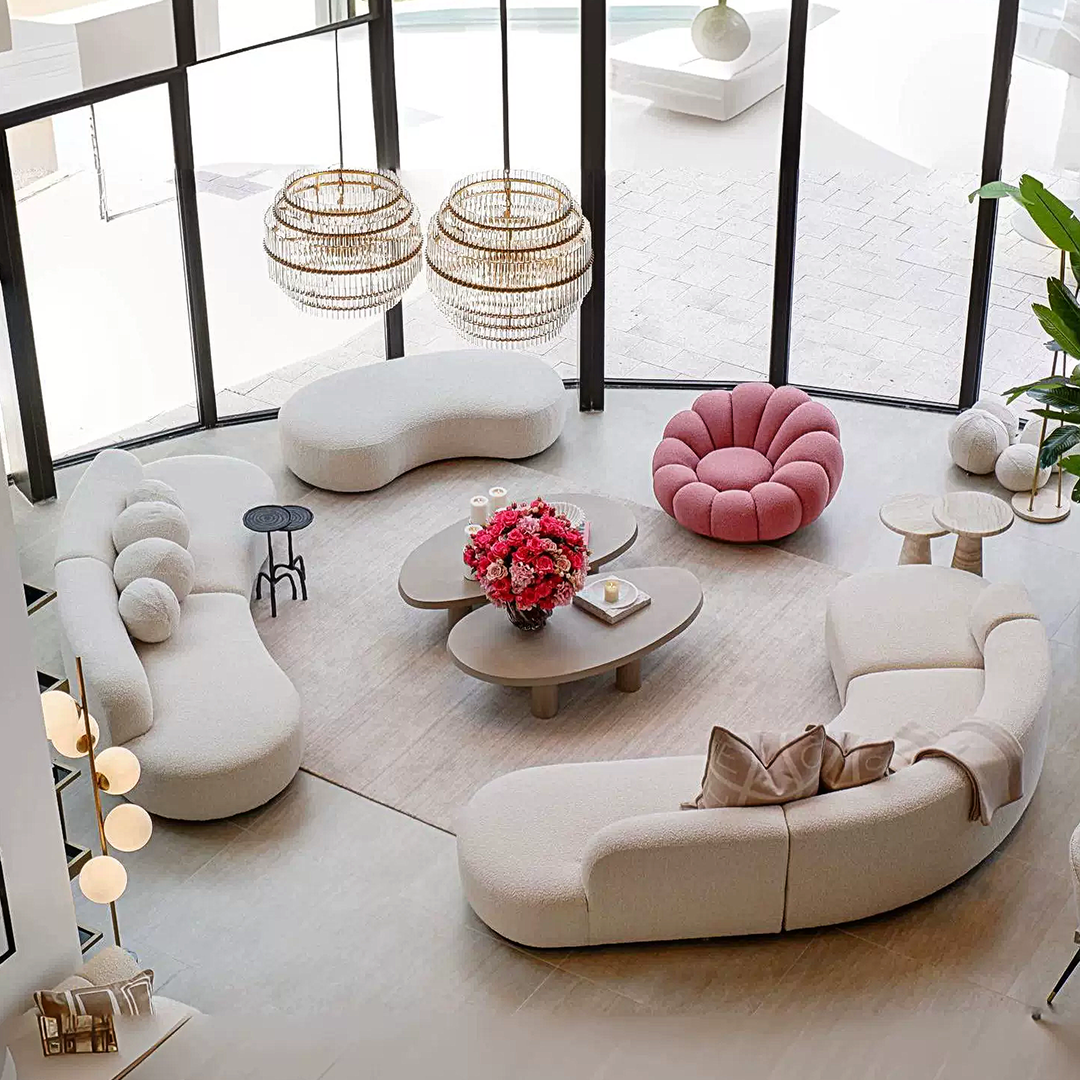 Eulalia Cream Curve Three Seater Sofa, Corner Sofa, Boucle with corner sofa and dining table