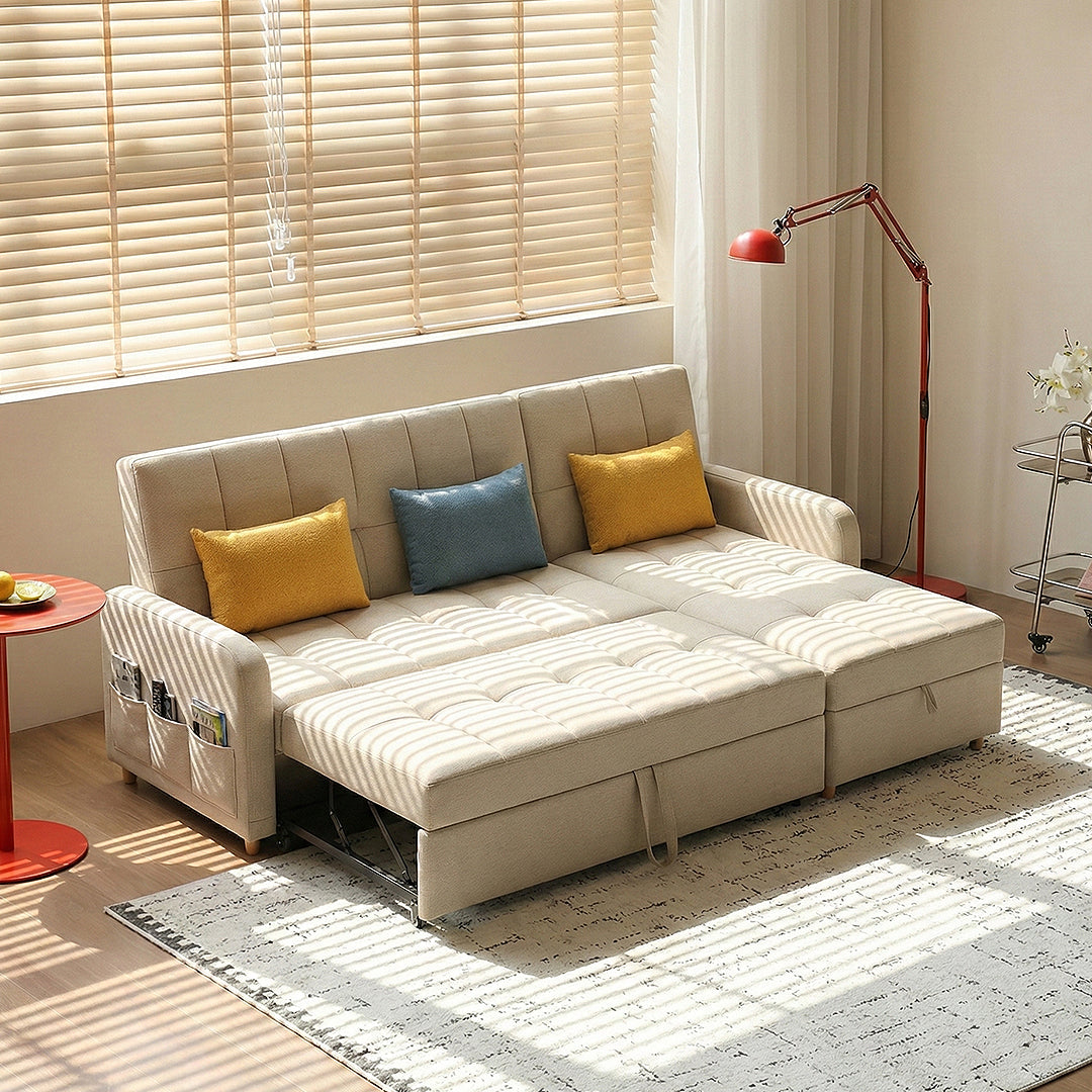 Detail view of Three Seater Sofa Bed, L Shape Sofa Bed With Storage, Linen with leather sofa couch bed