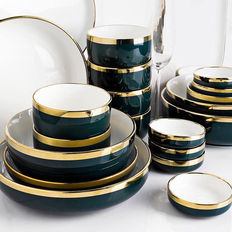 9 Piece Dinner Set, White And Dark Blue-Weilai Concept-Weilai Concept