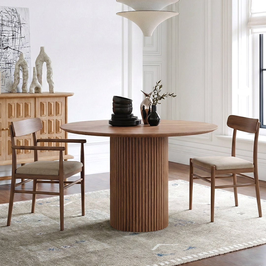 Ivar Round Dining Table, Oak Or Walnut, side view of solid wood dining table