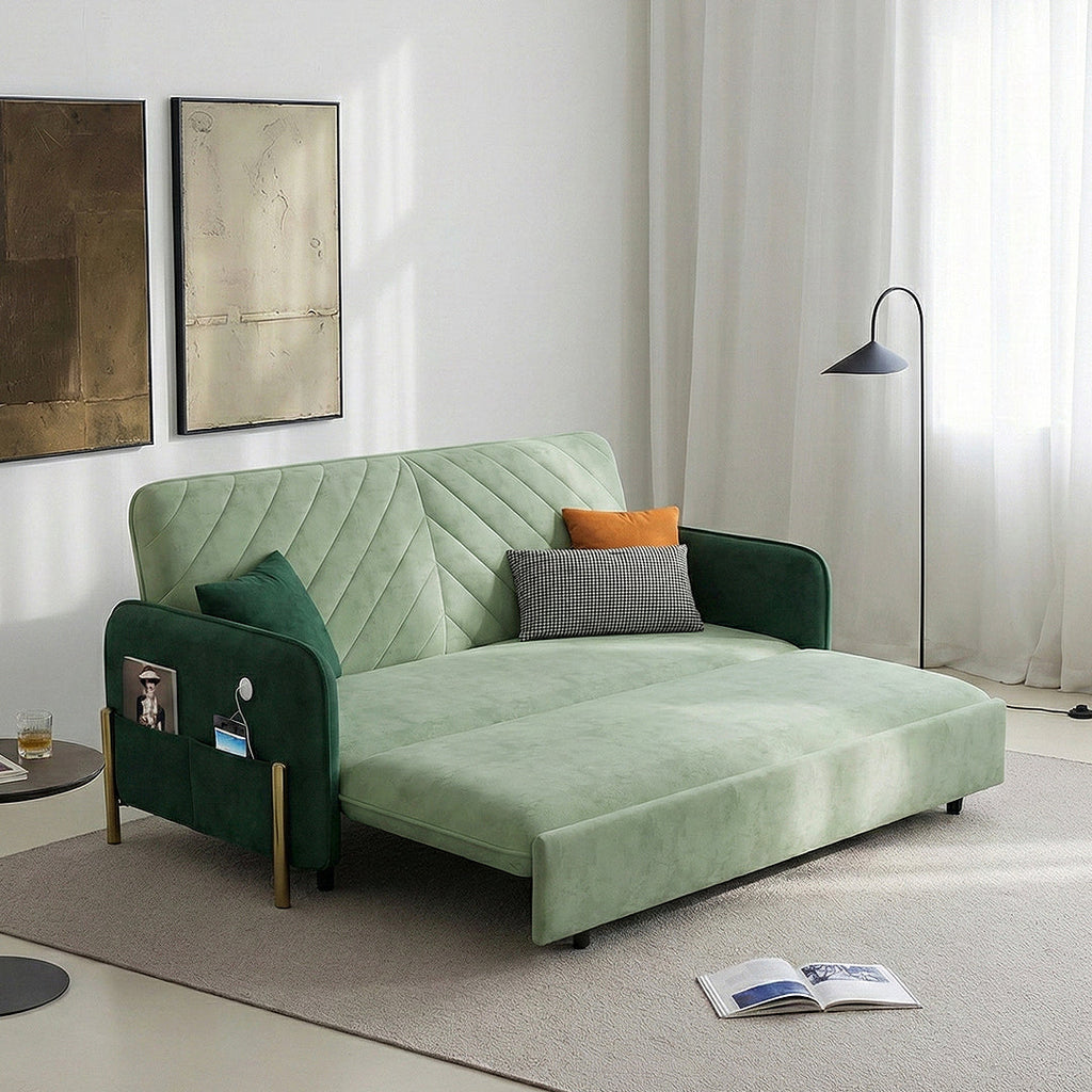 Aditi Two Seater Sofa Bed, Green, side view of sofa beds at next