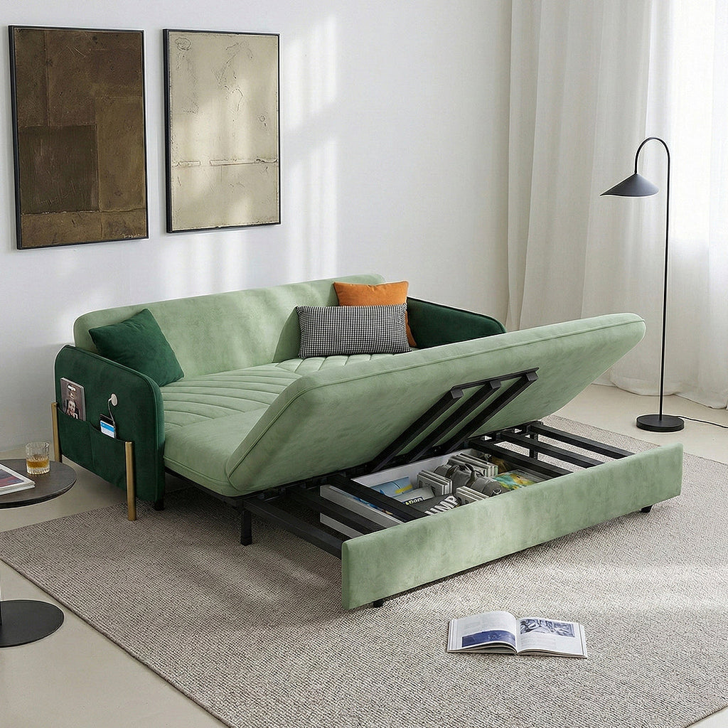 Aditi Two Seater Sofa Bed, Green in a lifestyle setting with sofa cumming bed