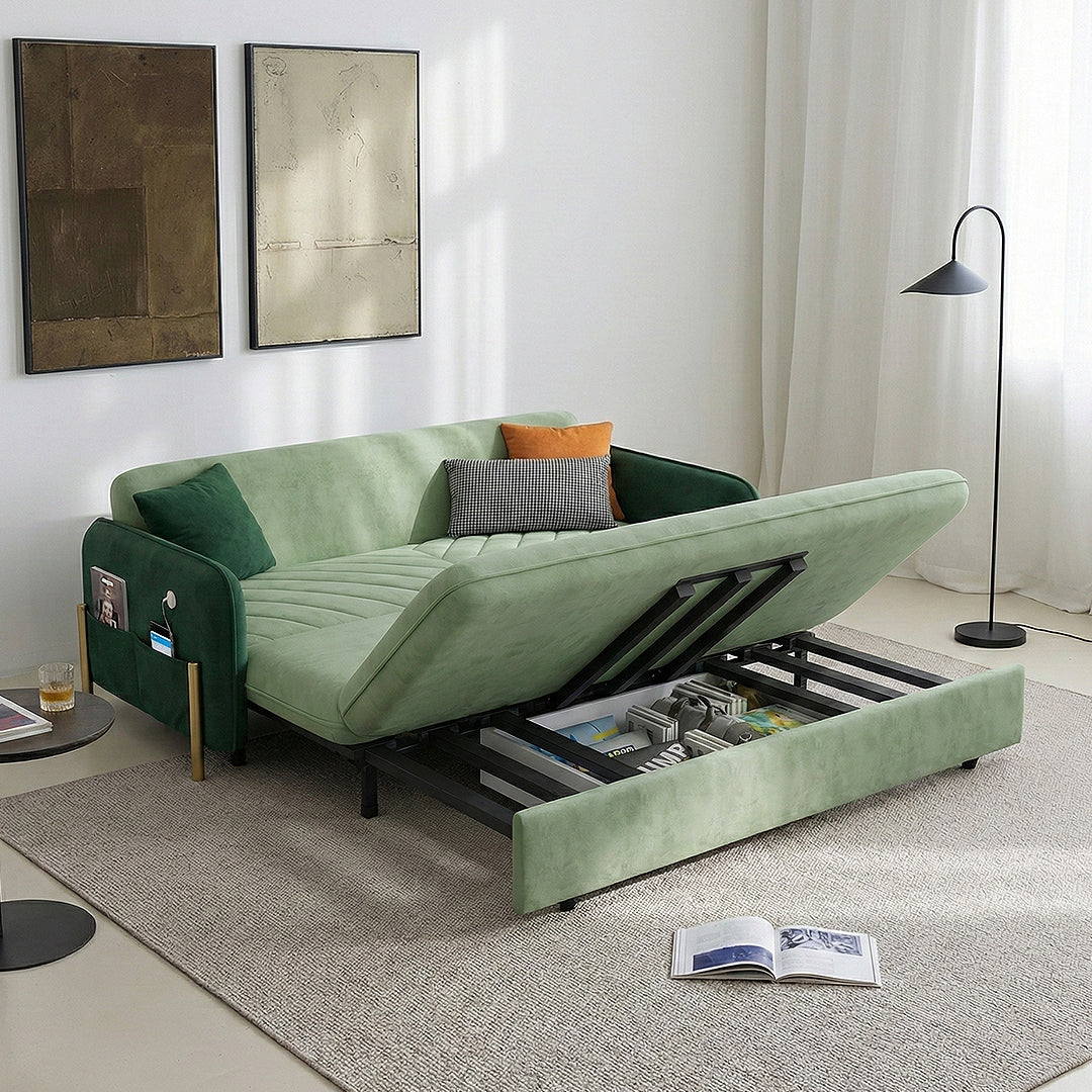 Aditi Two Seater Sofa Bed, Green in a lifestyle setting with sofa cumming bed