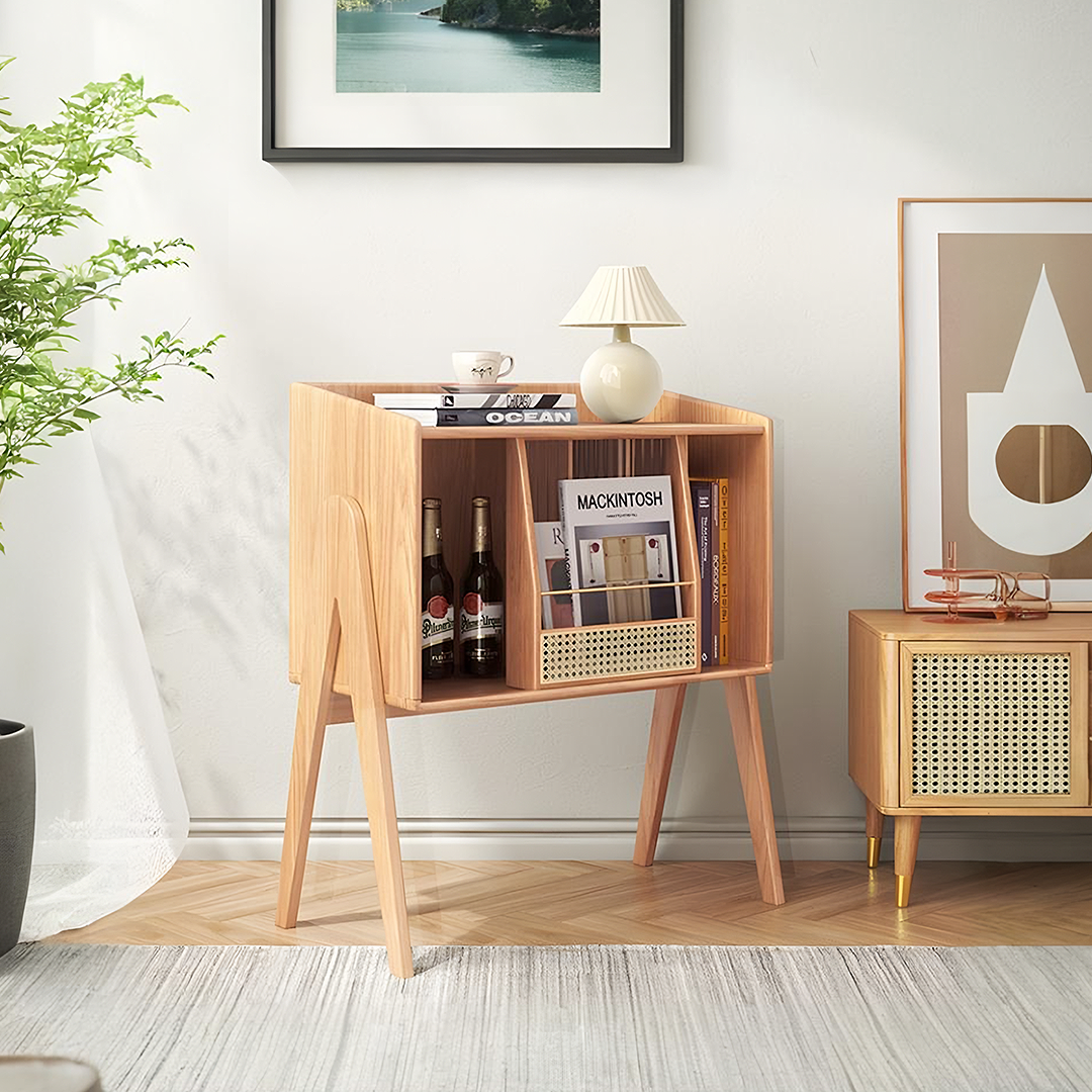 Calvin Side Table with Mini Book Storage, side view of sage green sideboard