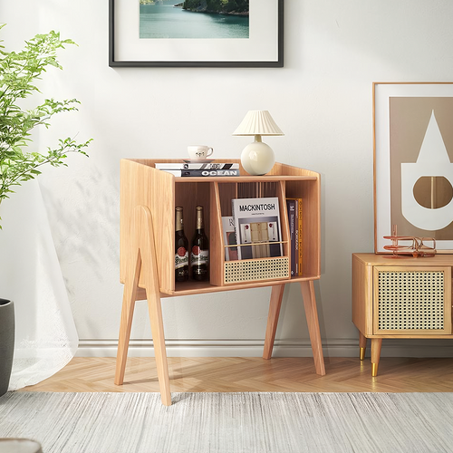 Calvin Side Table with Mini Book Storage, side view of sage green sideboard
