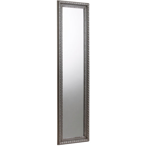 Tall, narrow mirror with decorative silver frame on a white background Iconic abode